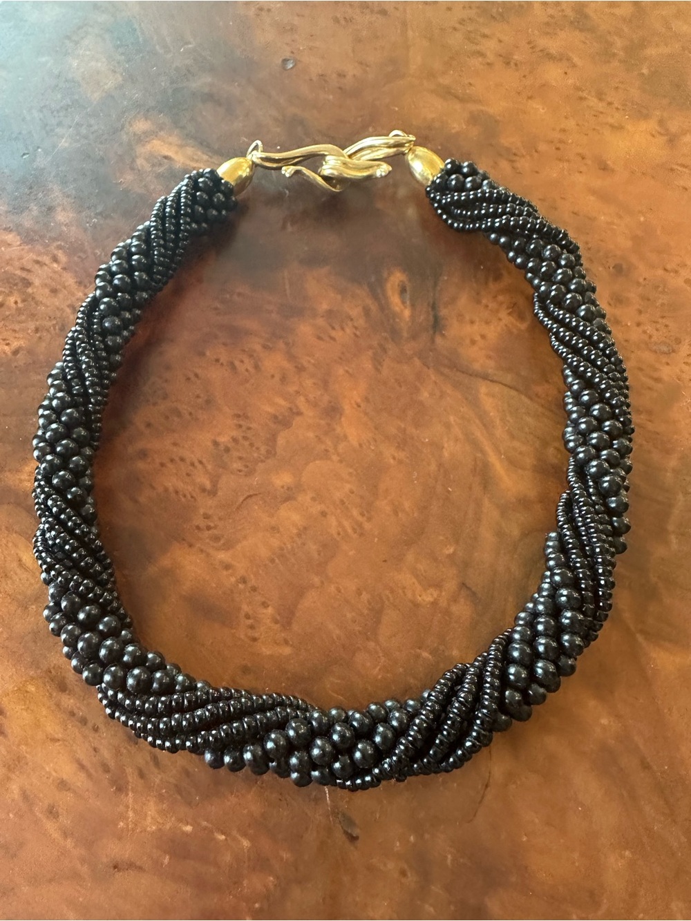 Vintage Black Twisted Beaded Necklace with Gold Clasp